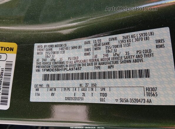 1FMDE5BH1PLA97457 2023 FORD BRONCO Green Vista del compartimento del motor