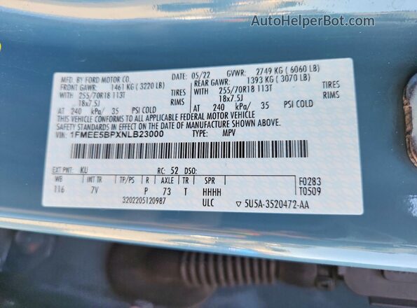 1FMEE5BPXNLB23000 2022 FORD BRONCO Бирюзовый Панорамный вид салона 360°