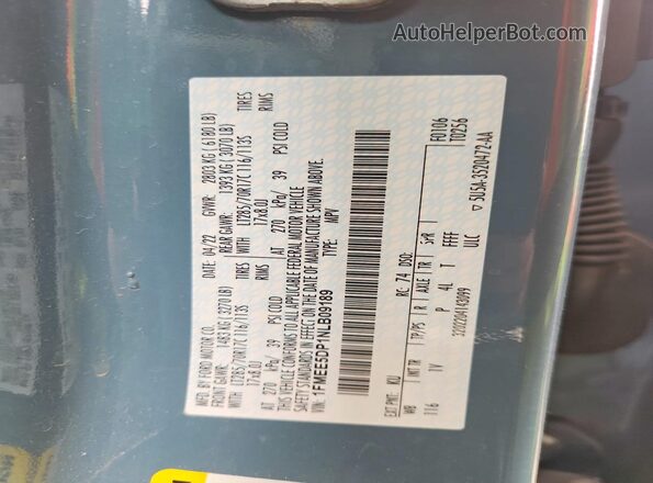 1FMEE5DP1NLB09189 2022 FORD BRONCO Blue VIN კოდის სტიკერის ხედი