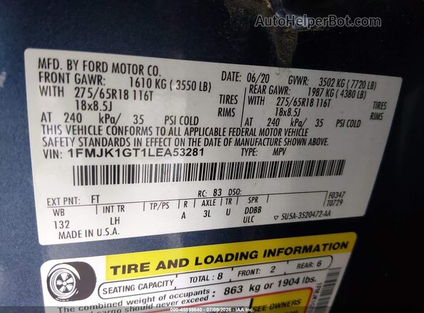 1FMJK1GT1LEA53281 2020 FORD EXPEDITION Синий Вид подкапотного пространства