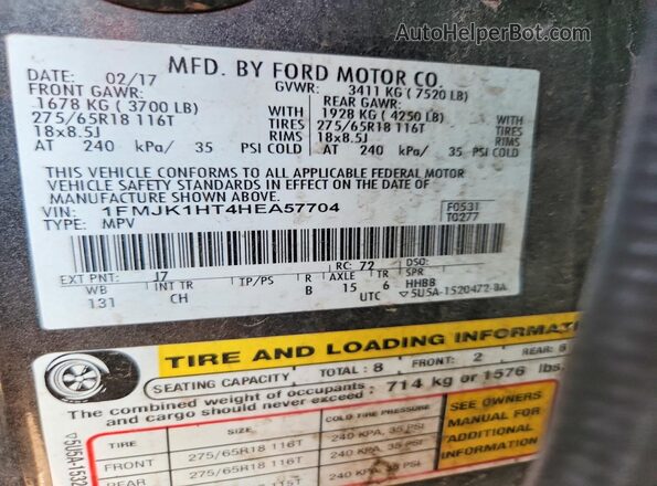 1FMJK1HT4HEA57704 2017 FORD EXPEDITION Gray Vista de la etiqueta del VIN