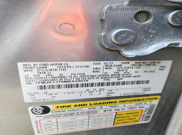 1FMJK1JT0MEA25076 2021 FORD EXPEDITION Silver VIN sticker view