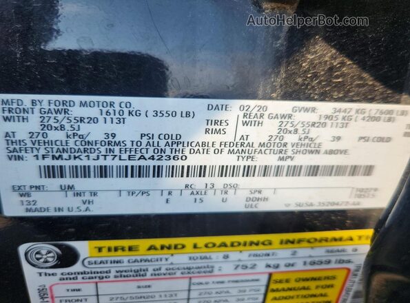 1FMJK1JT7LEA42360 2020 FORD EXPEDITION Black Vista de la etiqueta del VIN