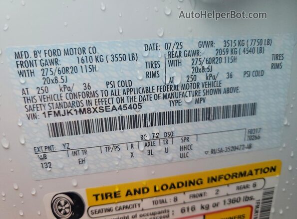 1FMJK1M8XSEA45405 2025 FORD EXPEDITION White VIN կոդի պիտակի տեսք