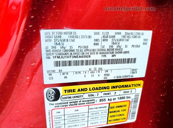 1FMJU1HT3NEA65928 2022 FORD EXPEDITION Red Vista de la etiqueta del VIN
