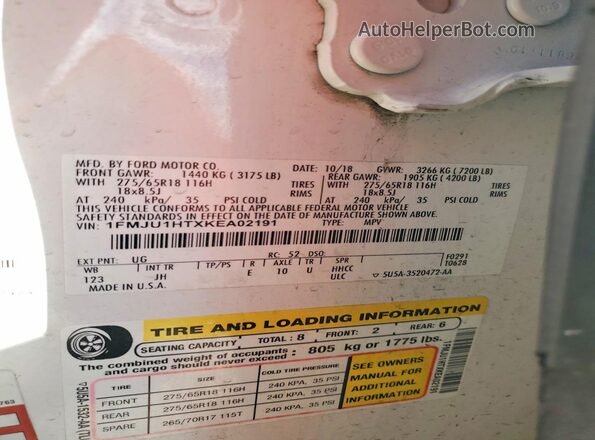 1FMJU1HTXKEA02191 2019 FORD EXPEDITION White Widok naklejki z numerem VIN