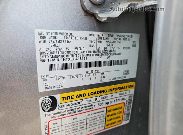 1FMJU1HTXLEA18151 2020 FORD EXPEDITION Silver Вид наклейки з VIN-кодом