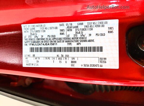 1FMJU2AT4JEA15811 2018 FORD EXPEDITION Красный Вид наклейки с VIN-кодом