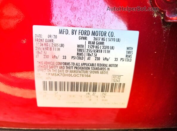 1FMSK7DH0LGC76164 2020 FORD EXPLORER Red Vista de la etiqueta del VIN