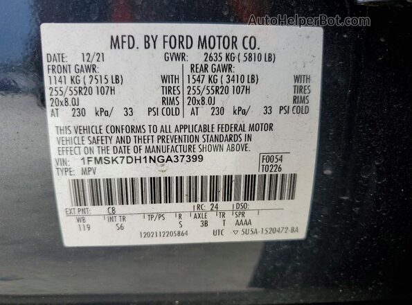 1FMSK7DH1NGA37399 2022 FORD EXPLORER Gray Панорамний вид салону 360°