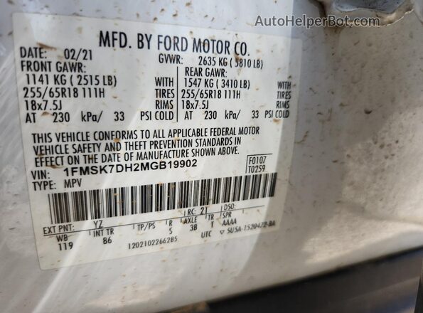 1FMSK7DH2MGB19902 2021 FORD EXPLORER White Widok naklejki z numerem VIN