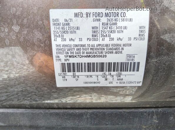 1FMSK7DH4MGB50620 2021 FORD EXPLORER Tan Vista de la etiqueta del VIN