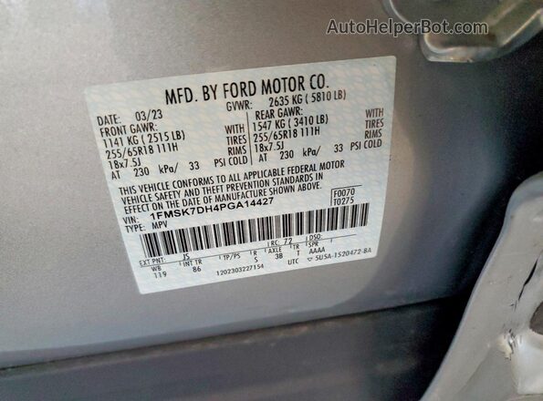 1FMSK7DH4PGA14427 2023 FORD EXPLORER Gray Vista de la etiqueta del VIN