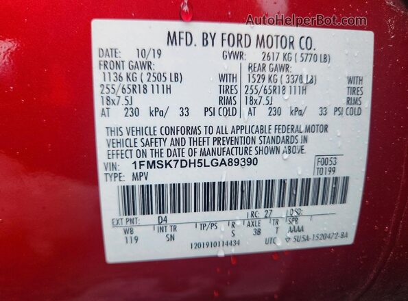 1FMSK7DH5LGA89390 2020 FORD EXPLORER Red Widok naklejki z numerem VIN