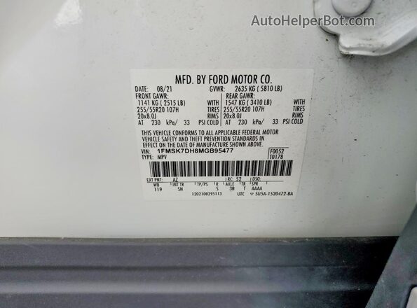 1FMSK7DH8MGB95477 2021 FORD EXPLORER White Vista de la etiqueta del VIN