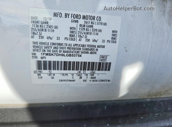 1FMSK7DH9LGB53754 2020 FORD EXPLORER White Widok naklejki z numerem VIN