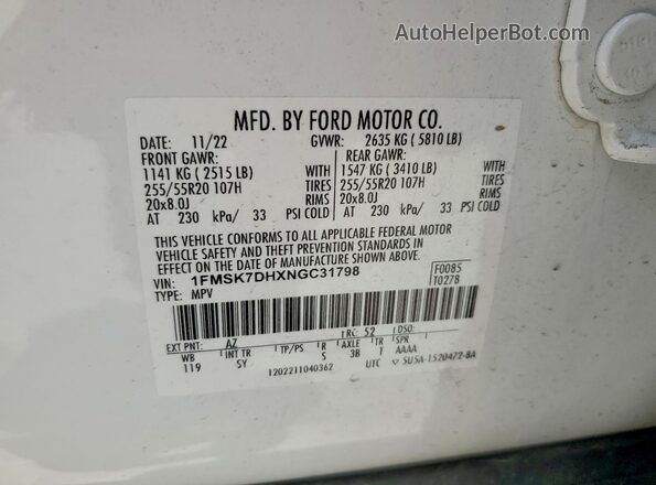 1FMSK7DHXNGC31798 2022 FORD EXPLORER White Շարժիչի բաժամունքի տեսք
