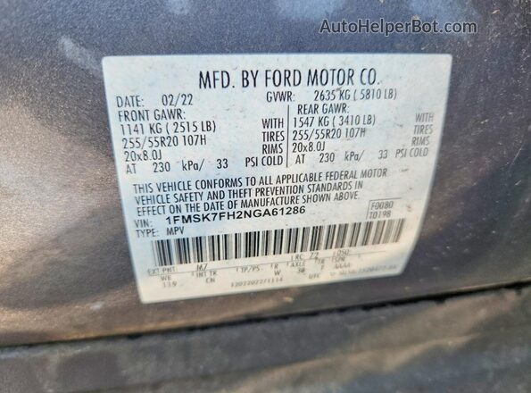 1FMSK7FH2NGA61286 2022 FORD EXPLORER Gray Widok naklejki z numerem VIN