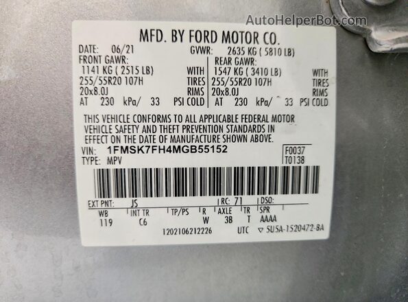1FMSK7FH4MGB55152 2021 FORD EXPLORER Серебряный Вид подкапотного пространства