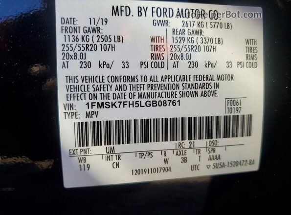 1FMSK7FH5LGB08761 2020 FORD EXPLORER Black Вид наклейки з VIN-кодом