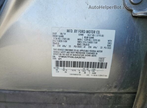 1FMSK7FH9LGA26743 2020 FORD EXPLORER Silver VIN კოდის სტიკერის ხედი