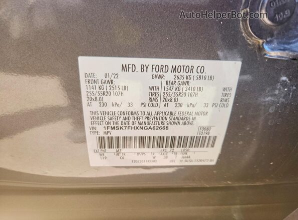 1FMSK7FHXNGA62668 2022 FORD EXPLORER Gray Панорамний вид салону 360°