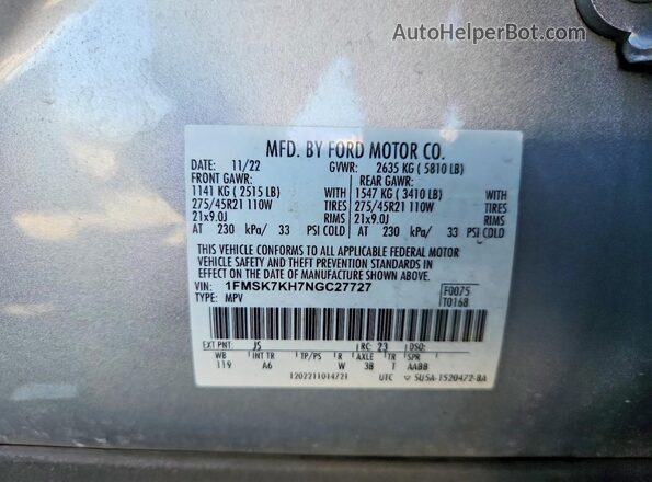 1FMSK7KH7NGC27727 2022 FORD EXPLORER Silver Սալոնի 360 աստիճան տեսք