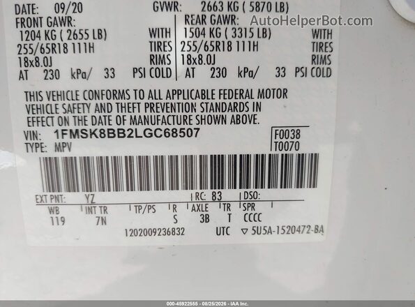 1FMSK8BB2LGC68507 2020 FORD EXPLORER White Вид підкапотного простору
