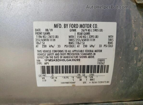 1FMSK8DH0LGA39289 2020 FORD EXPLORER Серебряный Панорамный вид салона 360°