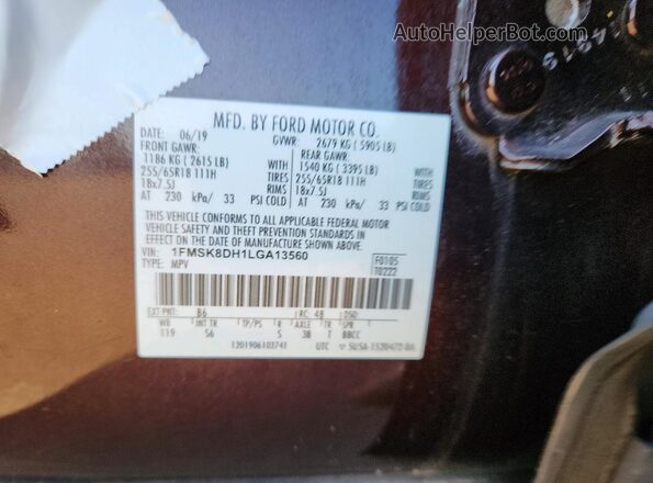 1FMSK8DH1LGA13560 2020 FORD EXPLORER Brown VIN კოდის სტიკერის ხედი