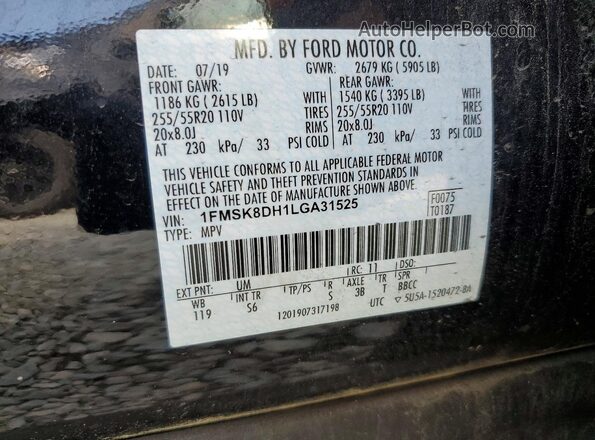 1FMSK8DH1LGA31525 2020 FORD EXPLORER Черный Вид наклейки с VIN-кодом