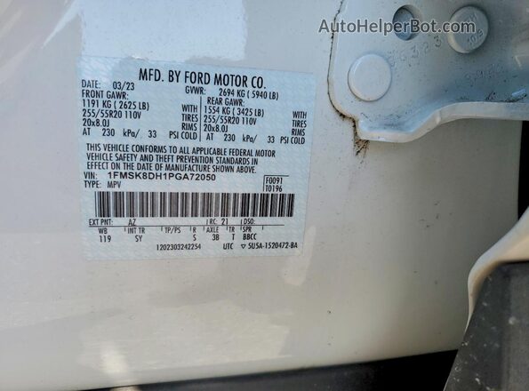 1FMSK8DH1PGA72050 2023 FORD EXPLORER Белый Вид наклейки с VIN-кодом