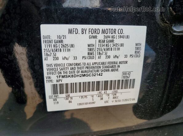 1FMSK8DH2MGC32142 2021 FORD EXPLORER Black Vista de la etiqueta del VIN
