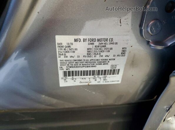 1FMSK8DH2PGB93993 2023 FORD EXPLORER Silver Vista de la etiqueta del VIN