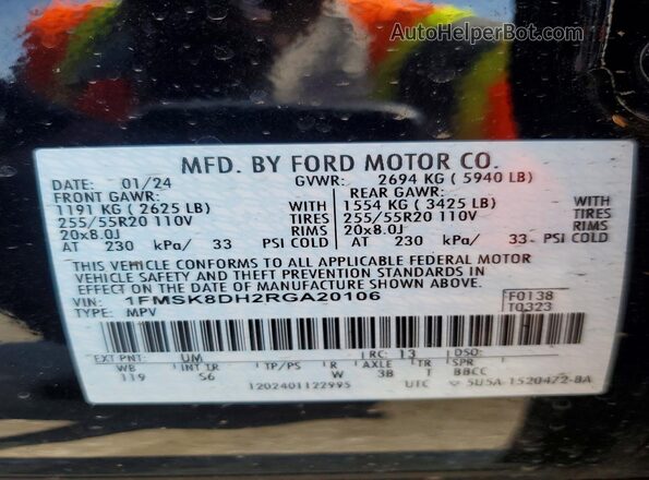 1FMSK8DH2RGA20106 2024 FORD EXPLORER Black Widok naklejki z numerem VIN