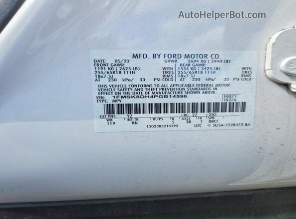 1FMSK8DH4PGB14596 2023 FORD EXPLORER White Вид наклейки з VIN-кодом