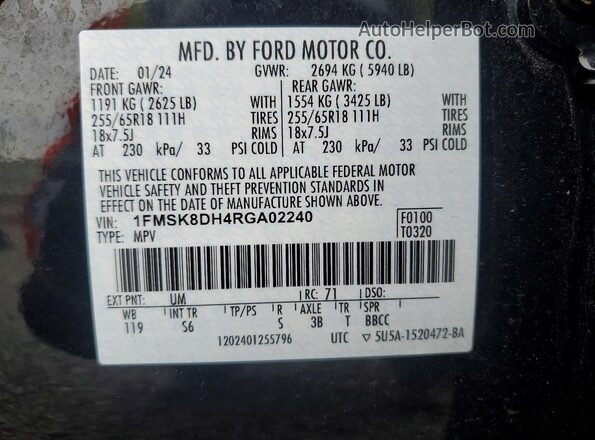 1FMSK8DH4RGA02240 2024 FORD EXPLORER Black Vista de la etiqueta del VIN
