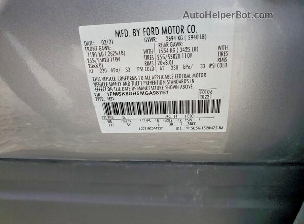 1FMSK8DH5MGA98761 2021 FORD EXPLORER Silver Widok naklejki z numerem VIN
