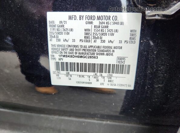 1FMSK8DH6MGC28563 2021 FORD EXPLORER Black VIN sticker view