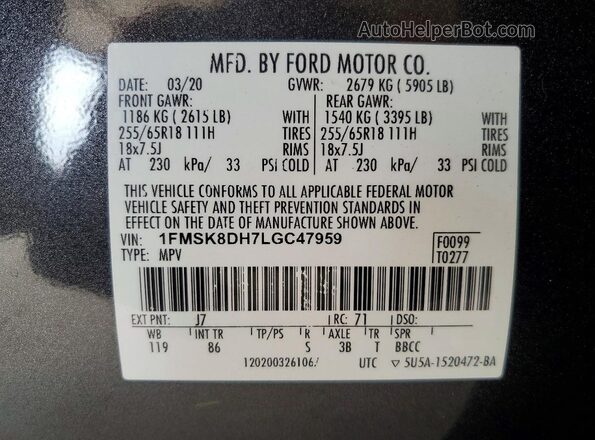 1FMSK8DH7LGC47959 2020 FORD EXPLORER Gray Панорамний вид салону 360°