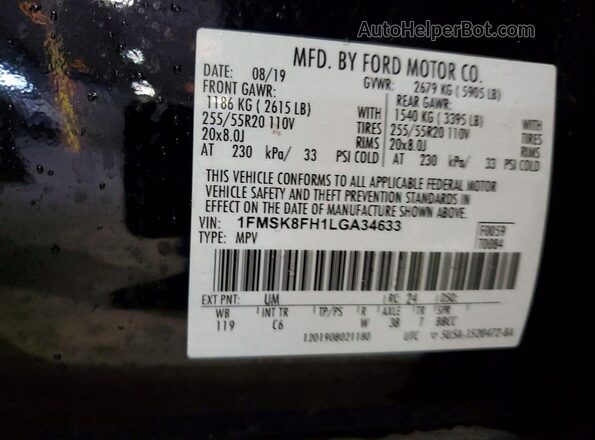 1FMSK8FH1LGA34633 2020 FORD EXPLORER Black Widok naklejki z numerem VIN