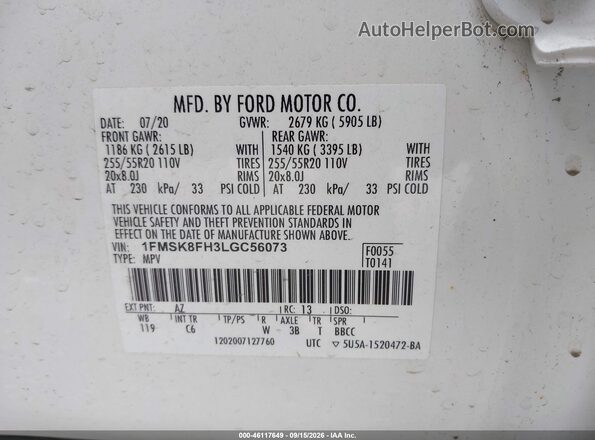 1FMSK8FH3LGC56073 2020 FORD EXPLORER White Engine compartment view