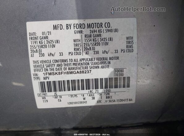 1FMSK8FH8MGA88237 2021 FORD EXPLORER Silver Engine compartment view