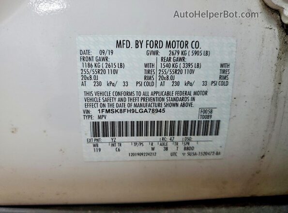 1FMSK8FH9LGA78945 2020 FORD EXPLORER Белый Панорамный вид салона 360°