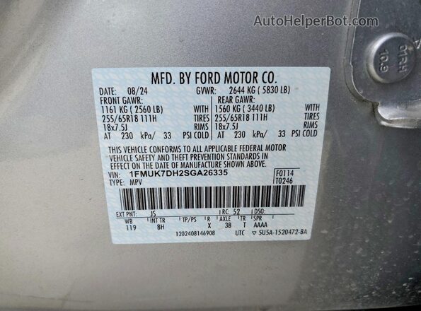 1FMUK7DH2SGA26335 2025 FORD EXPLORER Серебряный Панорамный вид салона 360°