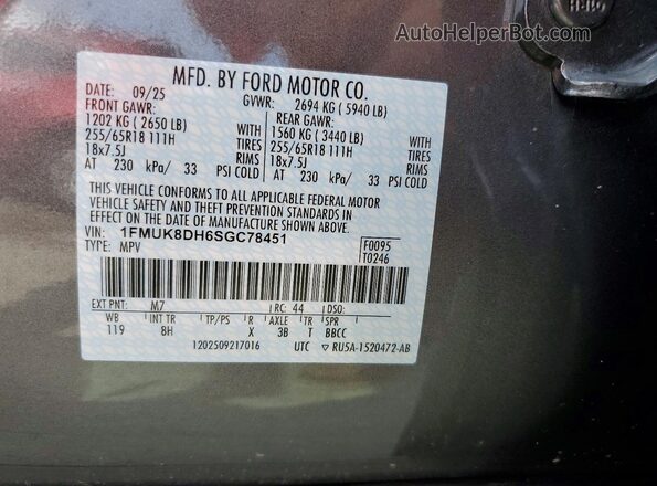 1FMUK8DH6SGC78451 2025 FORD EXPLORER Gray VIN კოდის სტიკერის ხედი
