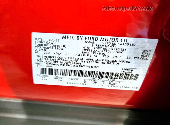 1FMWK8GC0SGC38505 2025 FORD EXPLORER Red VIN კოდის სტიკერის ხედი
