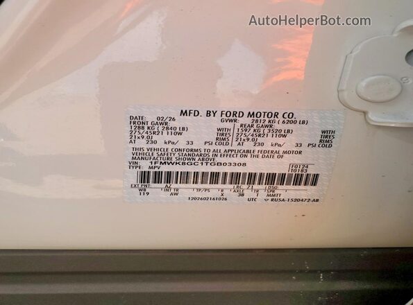 1FMWK8GC1TGB03308 2026 FORD EXPLORER White Widok naklejki z numerem VIN