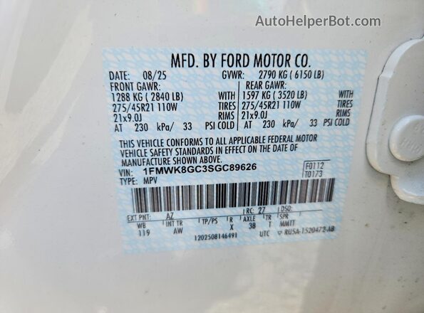 1FMWK8GC3SGC89626 2025 FORD EXPLORER White Вид наклейки з VIN-кодом