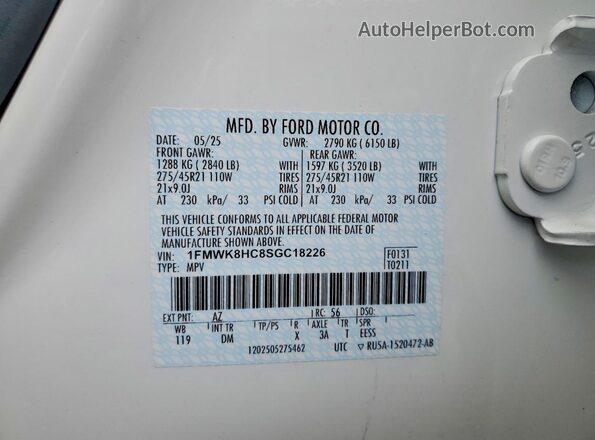 1FMWK8HC8SGC18226 2025 FORD EXPLORER Белый Вид наклейки с VIN-кодом